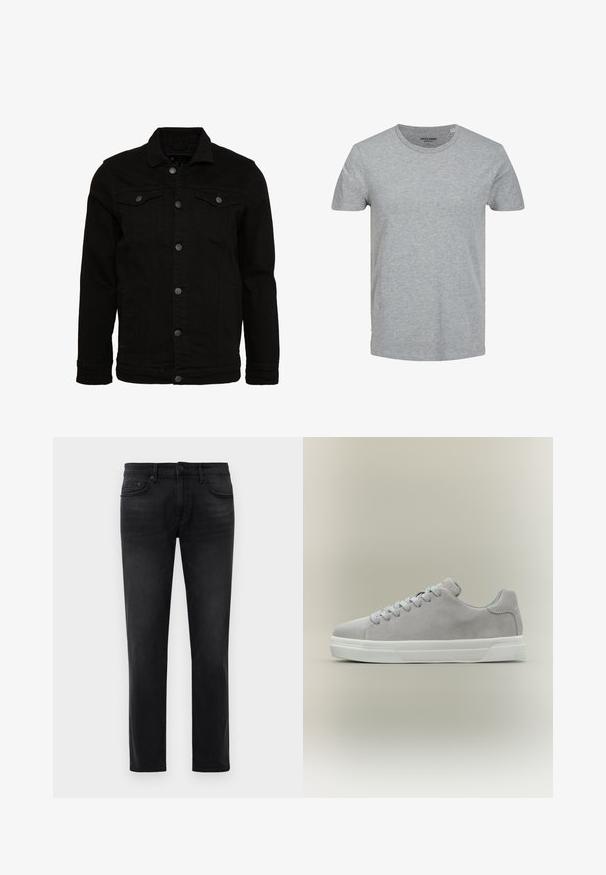 Zwarte denimjas met een klassiek design, voorzien van knoopsluitingen, twee borstzakken en een licht gestructureerd oppervlak.; Grijze T-shirt met korte mouwen, gemaakt van zachte katoen. Kenmerkt zich door een klassieke ronde halslijn en een reguliere pasvorm. Eenvoudig ontwerp zonder patronen of accenten.; Zwarte slim-fit jeans met vijf zakken, riemlussen en knoopsluiting, plat gelegd op een witte achtergrond.; Lichtgrijze suède sneaker met witte rubberen zool en grijze veters, zijaanzicht op een neutrale achtergrond.