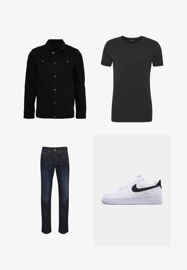 Zwarte denimjas met een klassiek design, voorzien van knoopsluitingen, twee borstzakken en een licht gestructureerd oppervlak.; Zwart T-shirt met korte mouwen en ronde hals, eenvoudig ontwerp en casual pasvorm.; Donkerblauwe spijkerbroeken met een recht model, vijf zakken, gouden stiksels en een gladde textuur. JButtonsluiting in de taille.; Witte leren sneaker met een gestructureerde zwarte Swoosh, platte veters en een rubberen zool met een geribbeld patroon. "AIR" is in de hak geperst.