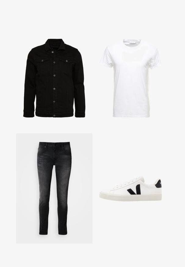 Schwarze Jeansjacke mit klassischem Design, ausgestattet mit Knopfverschluss, zwei Brusttaschen und einer leicht strukturierten Oberfläche.; Weißes Baumwoll-T-Shirt mit kurzen Ärmeln, Rundhalsausschnitt und glatter Textur. Etikett am Ausschnitt sichtbar. Einfacher und klassischer Stil.; Schwarze Denim-Jeans im Slim-Fit-Schnitt, mit fünf Taschen, dezentem Used-Look und Kontrastnähten. Ausgestattet mit klassischem Metallknopf und Reißverschluss.; Weiße Leder-Sneaker mit schwarzen Wildlederelementen; verfügen über eine Gummisohle, eine runde Spitze und ein klassisches Schnürdesign. Seitliches Logo in Schwarz.