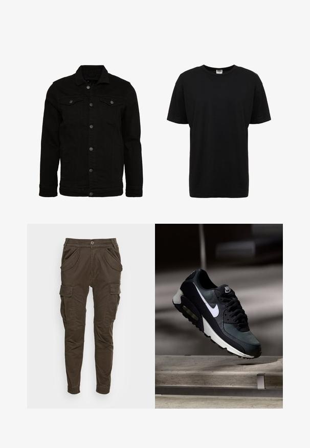 Sort denimjakke med et klassisk design, der har knaplukninger, to brystlommer og en let tekstureret overflade.; Sort bomulds t-shirt med rund hals, korte ærmer, standard pasform, glat tekstur og ingen synlige mønstre eller detaljer.; Brune cargo bukser med afslappet pasform. Har elastisk talje, sidelommer og taperede ben med elastiske manchetter. Fremstillet af slidstærkt stof.; Sort og grå Nike Air Max sneaker med hvid swoosh, ophængt over en betongulv mod en sløret mørk baggrund.