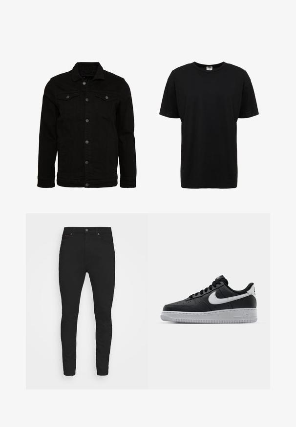 Veste en denim noir au design classique, dotée de fermetures à boutons, de deux poches poitrine et d'une surface légèrement texturée.; T-shirt en coton noir à col rond avec des manches courtes, coupe standard, texture lisse, et sans motifs ni accents visibles.; Jean slim noir en denim, doté d'un design classique à cinq poches, d'une fermeture à bouton et de subtils accents de couture rouge.; Baskets en cuir noir avec surface texturée, swoosh Nike blanc, semelle grise, bout rond et design à lacets. Comprend des perforations sur la boîte à orteils.
