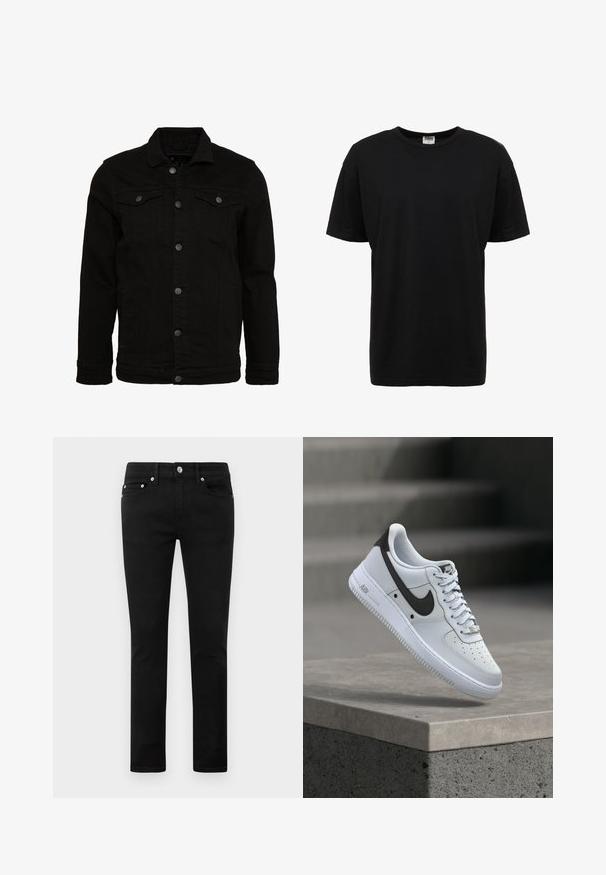 Sort denimjakke med et klassisk design, der har knaplukninger, to brystlommer og en let tekstureret overflade.; Sort bomulds t-shirt med rund hals, korte ærmer, standard pasform, glat tekstur og ingen synlige mønstre eller detaljer.; Sorte tætsiddende jeans med fem lommer, metalknap og bæltestropper, præsenteret fladt på en hvid baggrund.; Hvid Nike Air Force 1 sneaker med sort swoosh-logo, svævende over en betonforkant med slørede trapper i baggrunden.