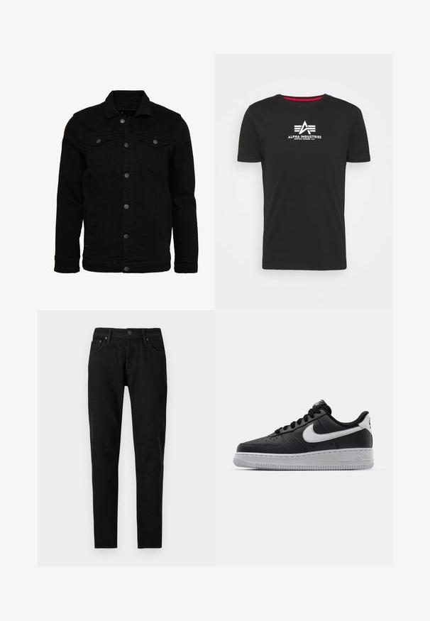 Zwarte denimjas met een klassiek design, voorzien van knoopsluitingen, twee borstzakken en een licht gestructureerd oppervlak.; Zwarte katoenen t-shirt met korte mouwen, ronde hals en een wit logo met de tekst "ALPHA INDUSTRIES." Rode accent bij de hals.; Zwarte slim-fit jeans met voorste knoop- en ritssluiting, ceintuurlussen en twee voorzakken zichtbaar op een witte achtergrond.; Zwarte lederen sneaker met een textuur oppervlak, witte Nike swoosh, grijze zool, ronde neus en vetersluiting. Bevat perforaties op de neus.