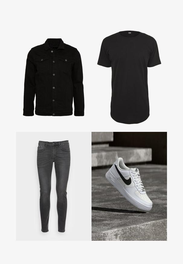 Sort denimjakke med et klassisk design, der har knaplukninger, to brystlommer og en let tekstureret overflade.; Sort kortærmet t-shirt lavet af bomuld. Har en rund hals og en lige pasform med en lidt længere bagkant. Blød tekstur.; Slim-fit sorte jeans med en glat struktur, der har et klassisk fem-lomme design og en subtil falmning fortil.; Hvid Nike Air Force 1-sneaker med sort swoosh, snørebånd bundet, placeret i luften over tekstureret betonoverflade udendørs.