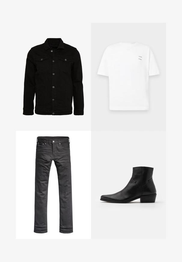 Zwarte denimjas met een klassiek design, voorzien van knoopsluitingen, twee borstzakken en een licht gestructureerd oppervlak.; Witte katoenen t-shirt met een relaxed fit, korte mouwen en een V-hals. Bevat twee kleine zwarte bedrukte logo's aan de linkerkant.; Zwarte denim jeans met een klassieke recht-pijp ontwerp. Voorzien van voorzakken, een knopenrits en subtiele stiksels.; Zwarte leren enkellaars met een spitse neus, minimale stiksels, een middellange blokhak en een gladde, gepolijste afwerking.