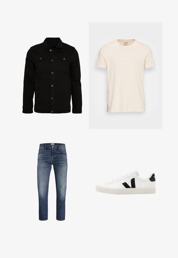 Sort denimjakke med et klassisk design, der har knaplukninger, to brystlommer og en let tekstureret overflade.; Lys beige bomulds t-shirt med klassisk rund hals og korte ærmer. Har en subtil tekstur og standard pasform.; Mørkeblå denim jeans med lige skæring, falmede foran, fem-lomme design og kontraststing. Sømmene er let rullet.; Hvide lædersneakers med sorte ruskindsdetaljer; har en gummisål, rund tå og klassisk snørebåndsdesign. Side logo i sort.