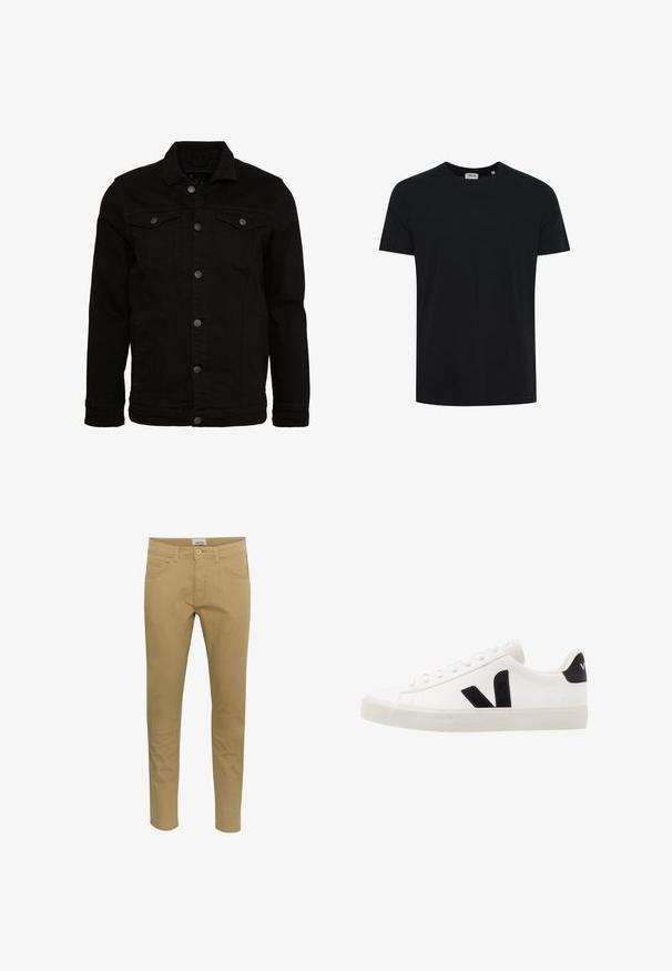 Schwarze Jeansjacke mit klassischem Design, ausgestattet mit Knopfverschluss, zwei Brusttaschen und einer leicht strukturierten Oberfläche.; Schwarzes, kurzärmliges T-Shirt mit Rundhalsausschnitt, vor weißem Hintergrund dargestellt, ohne sichtbare Logos oder Muster.; Beige Chinos im Slim-Fit. Hergestellt aus einem Baumwollmischgewebe, mit zwei seitlichen Taschen und einer einzelnen Gesäßtasche, abgeschlossen mit einer Knopfschließe.; Weiße Leder-Sneaker mit schwarzen Wildlederelementen; verfügen über eine Gummisohle, eine runde Spitze und ein klassisches Schnürdesign. Seitliches Logo in Schwarz.