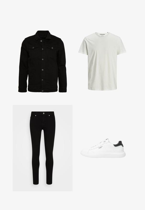 Schwarze Jeansjacke mit klassischem Design, ausgestattet mit Knopfverschluss, zwei Brusttaschen und einer leicht strukturierten Oberfläche.; Weißes kurzärmeliges T-Shirt aus Bio-Baumwolle. Mit Rundhalsausschnitt und lockerer Passform, aus einem einfachen, glatten Material.; Schwarze Skinny-Jeans mit glatter Textur, Fünf-Taschen-Design, vorderer Knopfverschluss und schlankem Schnitt. Minimalistischer Stil ohne sichtbare Muster.; Weiße niedrige Sneakers aus Leder mit glänzender Oberfläche, versehen mit schwarzen Akzenten an der Ferse, runden Schnürsenkeln und dezentem Seitennähten.