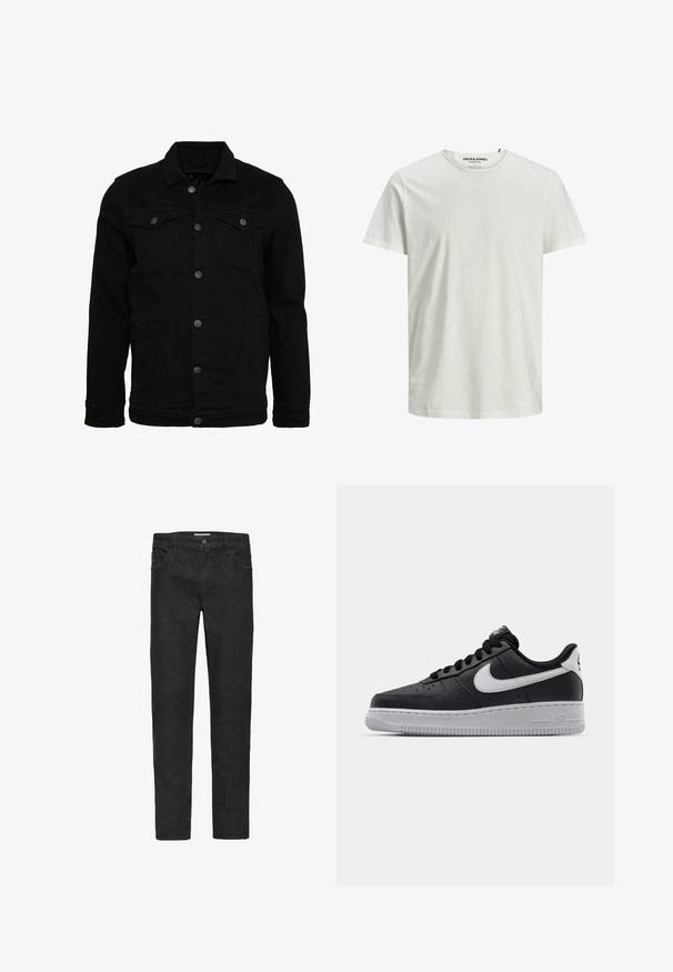 Schwarze Jeansjacke mit klassischem Design, ausgestattet mit Knopfverschluss, zwei Brusttaschen und einer leicht strukturierten Oberfläche.; Weißes kurzärmeliges T-Shirt aus Bio-Baumwolle. Mit Rundhalsausschnitt und lockerer Passform, aus einem einfachen, glatten Material.; Schwarze Denim-Jeans mit geradem Schnitt. Zu den Merkmalen gehören fünf Taschen, ein Knopfverschluss und dezente Nähte entlang der Säume.; Schwarze Ledersneaker mit strukturierten Oberflächen, weißem Nike-Swoosh, grauer Sohle, runder Zehenpartie und Schnürdesign. Verfügt über Perforationen an der Zehenbox.