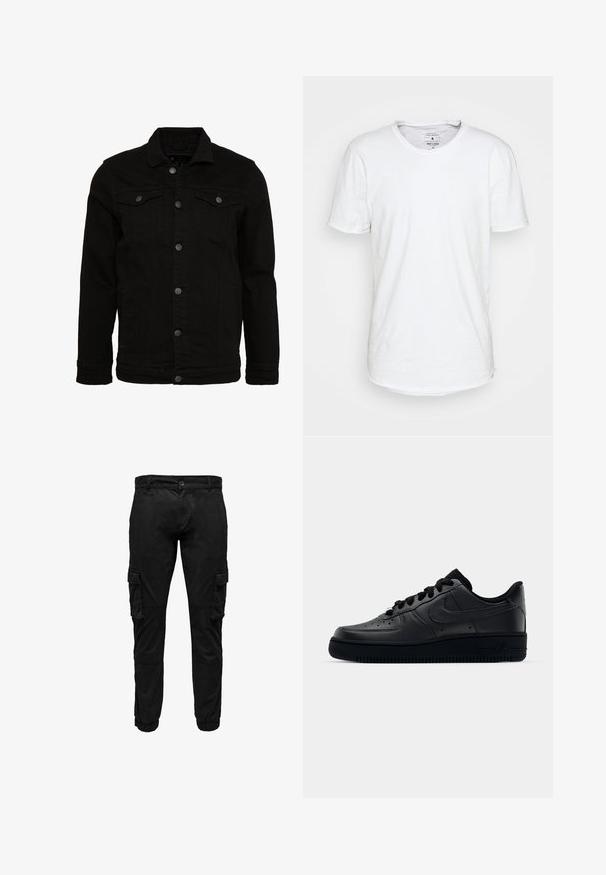 Veste en denim noir au design classique, dotée de fermetures à boutons, de deux poches poitrine et d'une surface légèrement texturée.; T-shirt blanc à manches courtes en coton avec un col ras du cou classique. Présente un ourlet légèrement incurvé et des détails de couture minimalistes.; Pantalon cargo noir avec poches à rabat latérales, poignets élastiques, fermeture frontale par bouton et fermeture éclair.; Baskets Nike Air Force 1 noires avec un dessus en cuir lisse, bout perforé pour la respirabilité, lacets noirs et semelle en caoutchouc texturé.