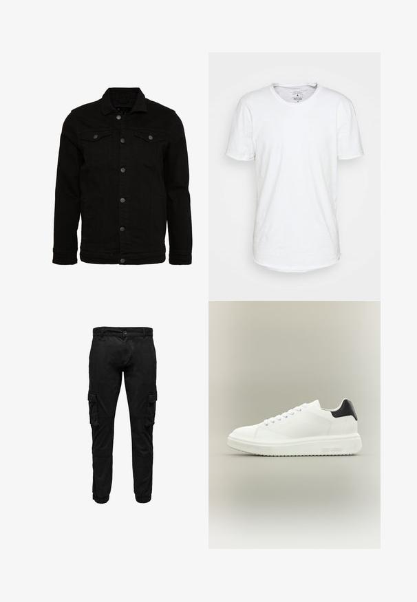 Veste en denim noir au design classique, dotée de fermetures à boutons, de deux poches poitrine et d'une surface légèrement texturée.; T-shirt blanc à manches courtes en coton avec un col ras du cou classique. Présente un ourlet légèrement incurvé et des détails de couture minimalistes.; Pantalon cargo noir avec poches à rabat latérales, poignets élastiques, fermeture frontale par bouton et fermeture éclair.; Baskets basses blanches avec une semelle épaisse, fermeture à lacets sur le devant et languette de talon noire, marquées "Steve Madden" sur la semelle latérale.