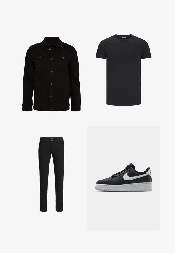 Sort denimjakke med et klassisk design, der har knaplukninger, to brystlommer og en let tekstureret overflade.; Sort bomulds T-shirt med rund hals, korte ærmer og et enkelt design. Glat tekstur, ingen mønstre eller synligt tilbehør.; Slim-fit sorte jeans med fem lommer, knaplukning og bæltestropper, mærket Jack & Jones.; Sort lædersneaker med tekstureret overflade, hvid Nike swoosh, grå sål, rund tå og snørebåndsdesign. Har perforeringer på tåboksen.