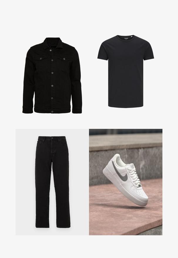 Veste en denim noir au design classique, dotée de fermetures à boutons, de deux poches poitrine et d'une surface légèrement texturée.; T-shirt en coton noir avec un col rond, des manches courtes et un design simple. Texture lisse, sans motifs ni éléments visibles.; Jeans en denim noir avec une coupe droite, dotés d'une fermeture à bouton, de passants de ceinture et d'un style à cinq poches classique.; Baskets blanches Nike Air Force 1 avec logo swoosh gris flottant au-dessus d'une surface en pierre et un mur en pierre gris en arrière-plan.