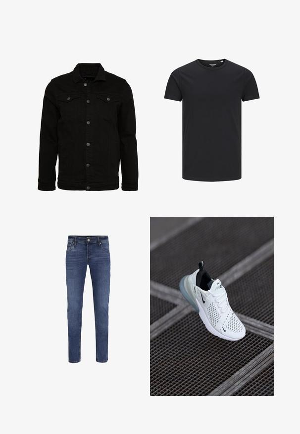 Sort denimjakke med et klassisk design, der har knaplukninger, to brystlommer og en let tekstureret overflade.; Sort bomulds T-shirt med rund hals, korte ærmer og et enkelt design. Glat tekstur, ingen mønstre eller synligt tilbehør.; Slim-fit blå denim jeans til mænd med knap- og lynlåslukning, for- og baglommer samt subtile blege detaljer.; Hvide atletiske sneakers med perforeret mesh-overdel, sorte accenter, synlige snørebånd og en gennemsigtig luftdæmpningssål.