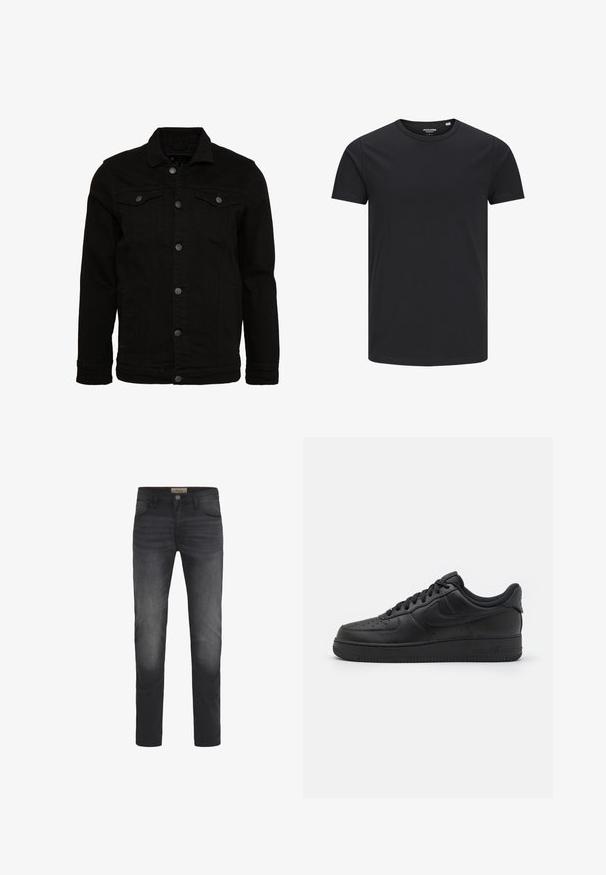 Schwarze Jeansjacke mit klassischem Design, ausgestattet mit Knopfverschluss, zwei Brusttaschen und einer leicht strukturierten Oberfläche.; Schwarzes Baumwoll-T-Shirt mit Rundhalsausschnitt, kurzen Ärmeln und schlichtem Design. Glatte Textur, keine Muster oder sichtbare Beschläge.; Dunkelblaue Jeans mit Slim-Fit-Schnitt, Knopfverschluss, fünf Taschen und einem leichten Ausbleichungseffekt an den Oberschenkeln.; Nike Sportswear AIR FORCE 1 07 FLYEASE - Sneaker low - black