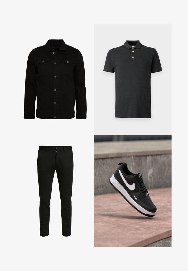 Chaqueta de mezclilla negra con un diseño clásico, cuenta con un cierre de botones, dos bolsillos en el pecho y una superficie ligeramente texturizada.; Polo negro de manga corta con tres botones blancos y un cuello acanalado, mostrado sobre un fondo liso y claro.; Pantalones negros ajustados hechos de una tela suave. Con cierre de cremallera y botón, dos bolsillos laterales y una textura limpia y suave.; Zapatilla Nike Air Force 1 en blanco y negro suspendida sobre una superficie de concreto rosa con un fondo de piedra gris.
