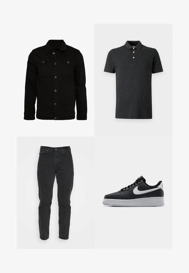 Schwarze Jeansjacke mit klassischem Design, ausgestattet mit Knopfverschluss, zwei Brusttaschen und einer leicht strukturierten Oberfläche.; Schwarzes Poloshirt mit kurzen Ärmeln, drei weißen Knöpfen und einem gerippten Kragen, vor einem einfarbigen hellen Hintergrund dargestellt.; Schwarze Denim-Jeans mit geradem Schnitt, fünf Taschen, vorderem Knopfverschluss und kontrastierenden Nähten. Glatte Textur mit leichten Gebrauchsspuren.; Schwarze Ledersneaker mit strukturierten Oberflächen, weißem Nike-Swoosh, grauer Sohle, runder Zehenpartie und Schnürdesign. Verfügt über Perforationen an der Zehenbox.