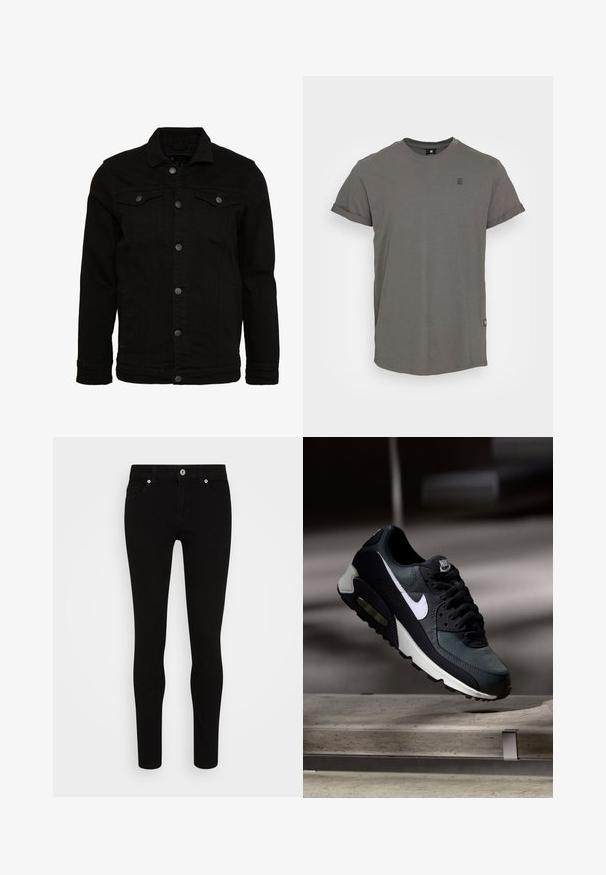 Zwarte denimjas met een klassiek design, voorzien van knoopsluitingen, twee borstzakken en een licht gestructureerd oppervlak.; Grijze katoenen t-shirt, ronde halslijn, korte opgerolde mouwen, licht gebogen zoom, met een klein logo op de bovenste linkerkant van de borst.; Zwarte skinny jeans met een gladde textuur, vijf-pocket ontwerp, knoopsluiting aan de voorkant en een slank silhouet. Minimalistische stijl zonder zichtbare patronen.; Zwart-grijze Nike Air Max sneaker met witte swoosh, zwevend boven een betonnen oppervlak tegen een wazige donkere achtergrond.