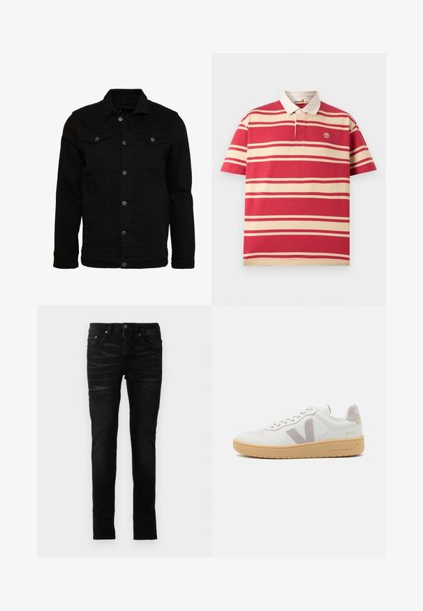 Schwarze Jeansjacke mit klassischem Design, ausgestattet mit Knopfverschluss, zwei Brusttaschen und einer leicht strukturierten Oberfläche.; Rot-beige gestreiftes Poloshirt mit kurzen Ärmeln, beigem Kragen und kleinem Timberland-Baum-Logo auf der linken Brustseite.; Schwarze Skinny-Jeans mit einer glatten Denim-Oberfläche, traditionellem Fünf-Taschen-Design, Reißverschluss und dezenten Ausbleichungen auf dem Stoff.; Weiße Leder-Sneaker mit grauen Wildleder-Akzenten, Schnürverschluss, perforierter Zehenpartie und beiger Gummisohle. Verfügt über eine Markenkennzeichnung an der Ferse.