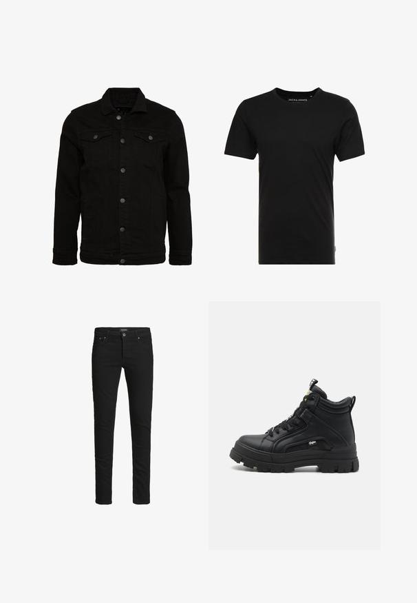 Sort denimjakke med et klassisk design, der har knaplukninger, to brystlommer og en let tekstureret overflade.; Sort t-shirt med korte ærmer lavet af bomuld, med rund hals og en diskret logoetiket på siden. Simpelt og alsidigt design.; Slim-fit sorte jeans med fem lommer, knaplukning og bæltestropper, mærket Jack & Jones.; Sorte sneakers støvler lavet af tekstureret læder, med en tyk gummisål, snørebånd foran og en lille logo detalje på siden.