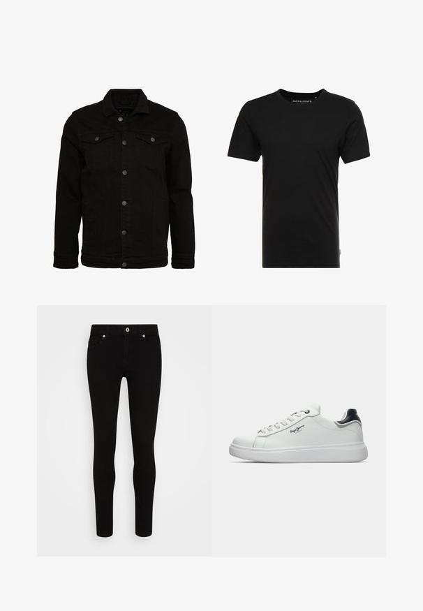 Schwarze Jeansjacke mit klassischem Design, ausgestattet mit Knopfverschluss, zwei Brusttaschen und einer leicht strukturierten Oberfläche.; Schwarzes T-Shirt mit kurzen Ärmeln aus Baumwolle, mit einem Rundhalsausschnitt und einem dezenten Logo-Tag an der Seite. Einfaches und vielseitiges Design.; Schwarze Skinny-Jeans mit glatter Textur, Fünf-Taschen-Design, vorderer Knopfverschluss und schlankem Schnitt. Minimalistischer Stil ohne sichtbare Muster.; Weiße Low-Top-Sneaker mit schwarzem Fersenakzent, weißen Schnürsenkeln und dem "Pepe Jeans London"-Logo an der Seite, seitlich auf einem weißen Hintergrund gezeigt.