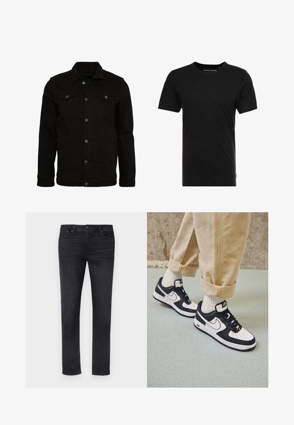 Sort denimjakke med et klassisk design, der har knaplukninger, to brystlommer og en let tekstureret overflade.; Sort t-shirt med korte ærmer lavet af bomuld, med rund hals og en diskret logoetiket på siden. Simpelt og alsidigt design.; Sorte denimjeans med lige ben, fem lommer, en midtalje og subtile slidtageeffekter.; Sorte og hvide Nike Air Force 1 sneakers med læderoverdel, perforeret tå og tekstureret såldetalje, båret med rullede beige bukser og hvide sokker.