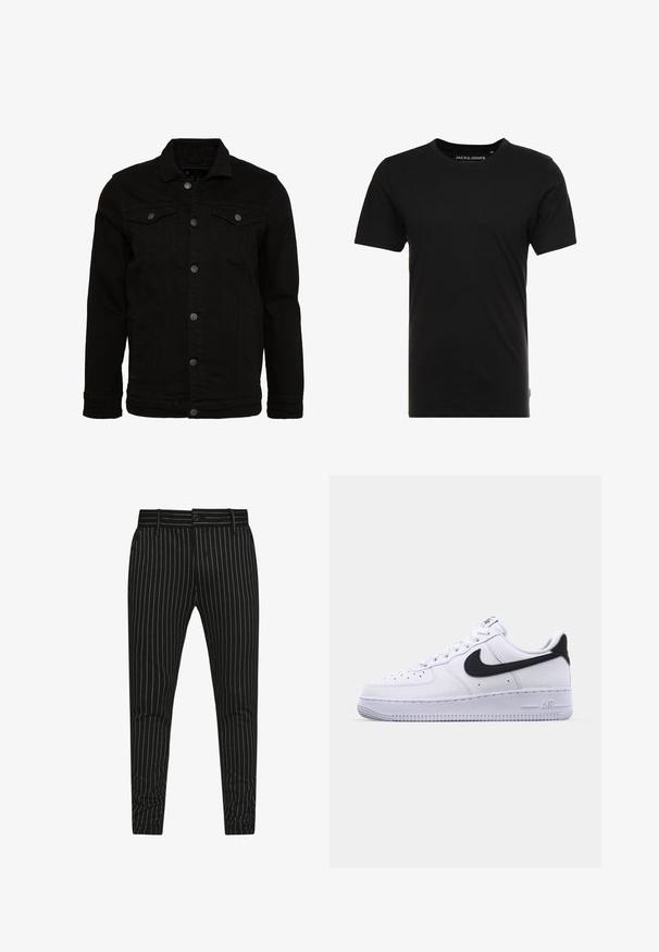 Veste en denim noir au design classique, dotée de fermetures à boutons, de deux poches poitrine et d'une surface légèrement texturée.; T-shirt noir à manches courtes en coton, avec un col rond et une étiquette logo discrète sur le côté. Design simple et polyvalent.; Pantalons rayés noirs avec des fines rayures blanches verticales, une coupe slim, et une fermeture à bouton avec passants de ceinture pour un ajustement réglable.; Sneaker en cuir blanc avec un Swoosh noir texturé, des lacets plats et une semelle en caoutchouc avec un motif strié. "AIR" est embossé sur le talon.