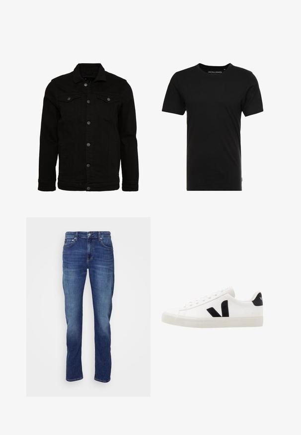 Zwarte denimjas met een klassiek design, voorzien van knoopsluitingen, twee borstzakken en een licht gestructureerd oppervlak.; Zwarte T-shirt met korte mouwen, gemaakt van katoen, met een ronde hals en een subtiele logotag aan de zijkant. Eenvoudig en veelzijdig ontwerp.; Heren blauwe spijkerbroek met vijf zakken, knoopsluiting en lichte vervaging op de bovenbenen en knieën.; Witte leren sneaker met zwarte suède accenten; voorzien van een rubberen zool, ronde neus en een klassieke vetersluiting. Zijkant met logo in het zwart.
