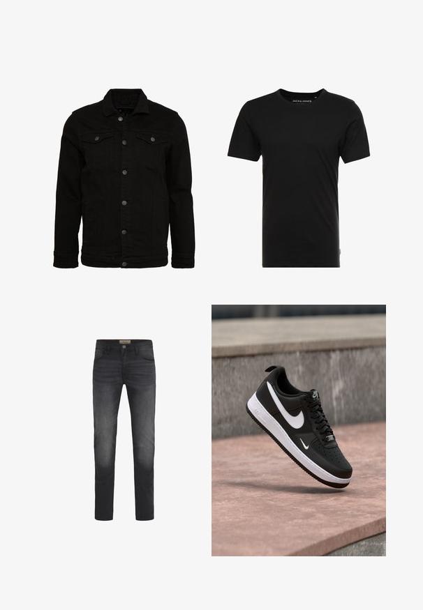 Schwarze Jeansjacke mit klassischem Design, ausgestattet mit Knopfverschluss, zwei Brusttaschen und einer leicht strukturierten Oberfläche.; Schwarzes T-Shirt mit kurzen Ärmeln aus Baumwolle, mit einem Rundhalsausschnitt und einem dezenten Logo-Tag an der Seite. Einfaches und vielseitiges Design.; Dunkelblaue Jeans mit Slim-Fit-Schnitt, Knopfverschluss, fünf Taschen und einem leichten Ausbleichungseffekt an den Oberschenkeln.; Schwarz-weißer Nike Air Force 1 Sneaker, der über einer rosa Betonfläche mit grauem Stein-Hintergrund schwebt.