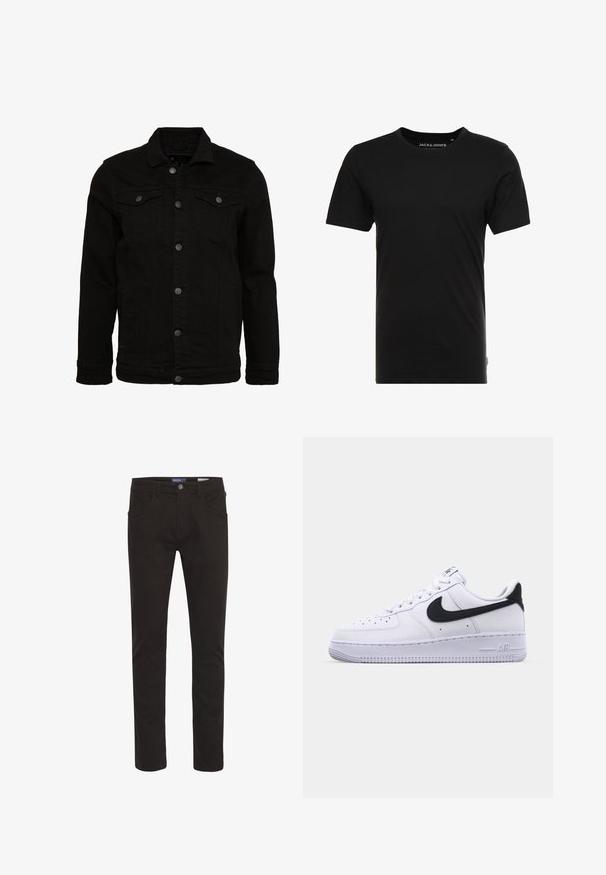 Veste en denim noir au design classique, dotée de fermetures à boutons, de deux poches poitrine et d'une surface légèrement texturée.; T-shirt noir à manches courtes en coton, avec un col rond et une étiquette logo discrète sur le côté. Design simple et polyvalent.; Pantalons en mélange de coton noir, coupe slim, avec une fermeture à bouton, cinq poches, et une texture lisse. Présente des détails de couture classiques.; Sneaker en cuir blanc avec un Swoosh noir texturé, des lacets plats et une semelle en caoutchouc avec un motif strié. "AIR" est embossé sur le talon.