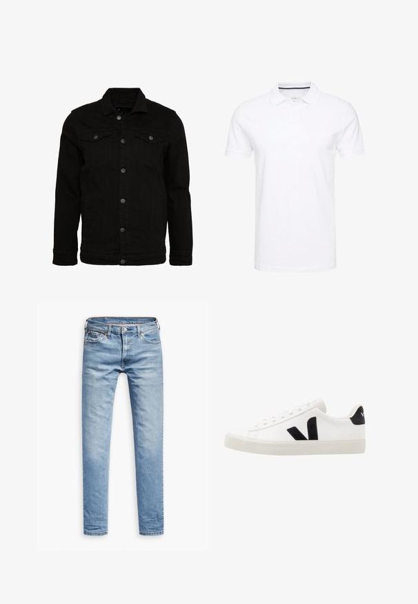 Schwarze Jeansjacke mit klassischem Design, ausgestattet mit Knopfverschluss, zwei Brusttaschen und einer leicht strukturierten Oberfläche.; Weißes Poloshirt aus Baumwolle, mit einem traditionellen Kragen, kurzen Ärmeln und einer Dreiknopf-Leiste, die innen subtile marineblaue Akzente aufweist.; Helle blaue Jeans, gerade geschnitten, mit fünf Taschen, Reißverschluss und Knopfverschluss. Glatte Textur mit dezenten Ausbleichungen.; Weiße Leder-Sneaker mit schwarzen Wildlederelementen; verfügen über eine Gummisohle, eine runde Spitze und ein klassisches Schnürdesign. Seitliches Logo in Schwarz.