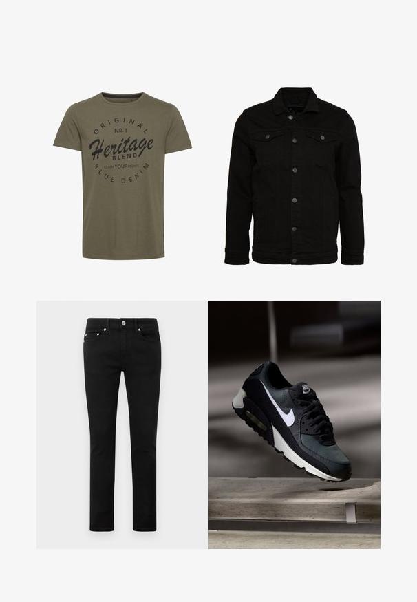 Chaqueta de mezclilla negra con un diseño clásico, cuenta con un cierre de botones, dos bolsillos en el pecho y una superficie ligeramente texturizada.; Camiseta de algodón verde oliva con cuello redondo, que presenta texto impreso en negro: "Original No. 1 Heritage Blend Claim Your Rights" en un diseño circular.; Vaqueros negros ajustados con cinco bolsillos, botón de metal y trabillas para cinturón, exhibidos en plano sobre un fondo blanco.; Zapatilla Nike Air Max negra y gris con el logo blanco, suspendida sobre una superficie de cemento contra un fondo oscuro y desenfocado.