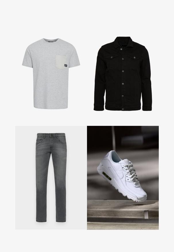 Zwarte denimjas met een klassiek design, voorzien van knoopsluitingen, twee borstzakken en een licht gestructureerd oppervlak.; Grijze T-shirt met korte mouwen van zachte stof, met een contrasterende lichtgrijze zak en een klein logo-label nabij de zak.; Grijze denim jeans met een klassiek rechte pasvorm, voorzien van een standaard vijf-pocket ontwerp en een subtiele vervaagde textuur overal.; Witte leren sneaker met gestructureerde oppervlakken, gevoerde kraag en zichtbare luchtbescherming in de zool. Heeft veters en een minimalistisch ontwerp.