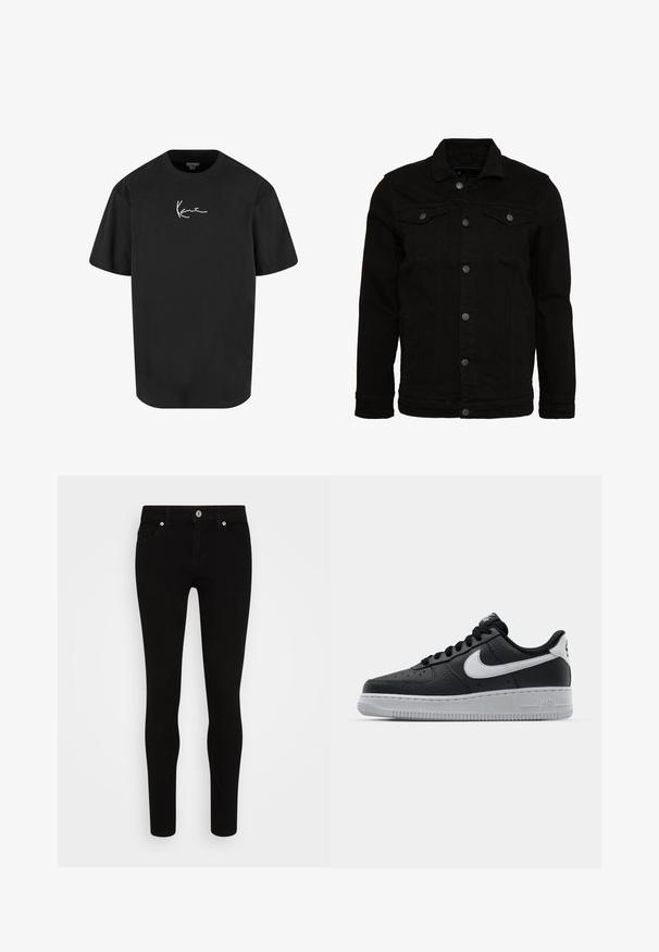 Schwarze Jeansjacke mit klassischem Design, ausgestattet mit Knopfverschluss, zwei Brusttaschen und einer leicht strukturierten Oberfläche.; Schwarzes Baumwoll-T-Shirt mit kurzen Ärmeln, Rundhalsausschnitt und einem weißen Signaturlogo, das auf der Vorderseite gedruckt ist. Glatte Textur und lässige Passform.; Schwarze Skinny-Jeans mit glatter Textur, Fünf-Taschen-Design, vorderer Knopfverschluss und schlankem Schnitt. Minimalistischer Stil ohne sichtbare Muster.; Schwarze Ledersneaker mit strukturierten Oberflächen, weißem Nike-Swoosh, grauer Sohle, runder Zehenpartie und Schnürdesign. Verfügt über Perforationen an der Zehenbox.