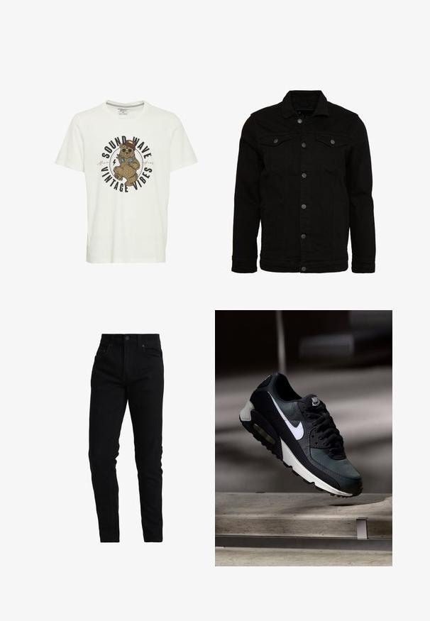 Schwarze Jeansjacke mit klassischem Design, ausgestattet mit Knopfverschluss, zwei Brusttaschen und einer leicht strukturierten Oberfläche.; Weißes Baumwoll-T-Shirt mit einem Grafikdruck eines Bären in Sonnenbrille und Hut, mit dem Text "SOUND WAVE VINTAGE VIBES" in fetter Schrift.; Schwarze Denim-Jeans im Slim-Fit-Schnitt mit mittelhoher Taille, Fünf-Taschen-Design und dezenten Nähdetails. Glattes, strukturiertes Material.; Schwarzer und grauer Nike Air Max Sneaker mit weißem Swoosh, schwebend über einer Betonfläche vor einem verschwommenen dunklen Hintergrund.