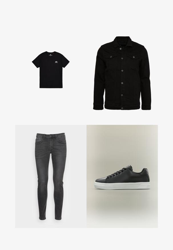 Veste en denim noir au design classique, dotée de fermetures à boutons, de deux poches poitrine et d'une surface légèrement texturée.; T-shirt noir à manches courtes en coton. Présente un petit logo blanc sur la poitrine gauche et une étiquette sur la couture latérale. Design simple.; Jeans noirs slim avec une texture lisse, présentant un design classique à cinq poches et un léger dégradé sur le devant.; Baskets basses en cuir noir avec lacets noirs et semelle en caoutchouc blanche sur fond neutre, vue de côté.