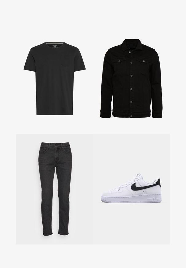 Sort denimjakke med et klassisk design, der har knaplukninger, to brystlommer og en let tekstureret overflade.; Sort kortærmet T-shirt lavet af bomuld. Har en rund hals og en lille lomme på venstre bryst. Glat tekstur og simpelt design.; Sorte denimjeans med en tætsiddende pasform, som har fem lommer, bæltestropper og diskrete syninger. Slidt tekstur langs stoffet.; Hvide lædersneakers med en struktureret sort Swoosh, flade snørebånd og en gummisål med et rillemønster. "AIR" er præget på hælen.