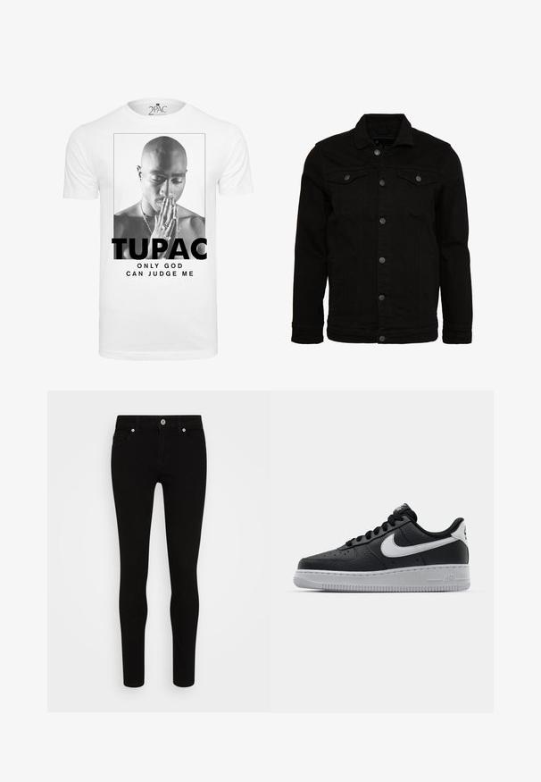 Sort denimjakke med et klassisk design, der har knaplukninger, to brystlommer og en let tekstureret overflade.; Hvid bomulds t-shirt med en sort-hvid grafik af en mand, der holder hænderne sammen i bøn, med teksten "TUPAC" og "ONLY GOD CAN JUDGE ME."; Sorte skinny jeans med en glat tekstur, fem lommer, frontlukning med knap og en slank silhuet. Minimalistisk stil uden synlige mønstre.; Sort lædersneaker med tekstureret overflade, hvid Nike swoosh, grå sål, rund tå og snørebåndsdesign. Har perforeringer på tåboksen.