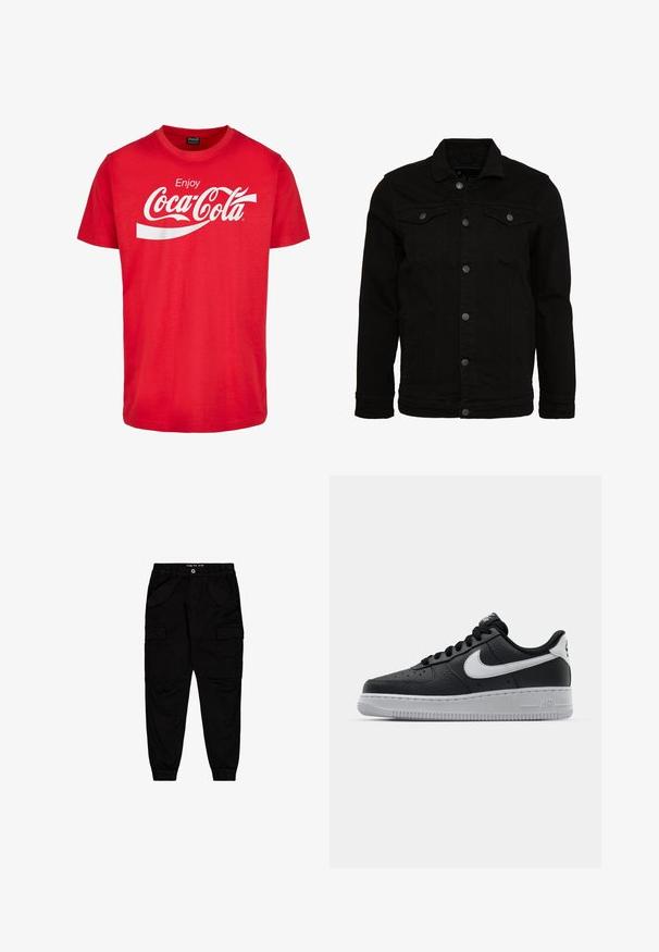 Zwarte denimjas met een klassiek design, voorzien van knoopsluitingen, twee borstzakken en een licht gestructureerd oppervlak.; Rode katoenen T-shirt met korte mouwen, voorzien van een witte "Coca-Cola"-logo en een golvend ontwerp op de borst. Klassieke ronde halsstijl.; Zwarte cargobroek van katoen, met twee vozakken en twee zijcargozakken, voorzien van elastische boorden en een elastische tailleband.; Zwarte lederen sneaker met een textuur oppervlak, witte Nike swoosh, grijze zool, ronde neus en vetersluiting. Bevat perforaties op de neus.