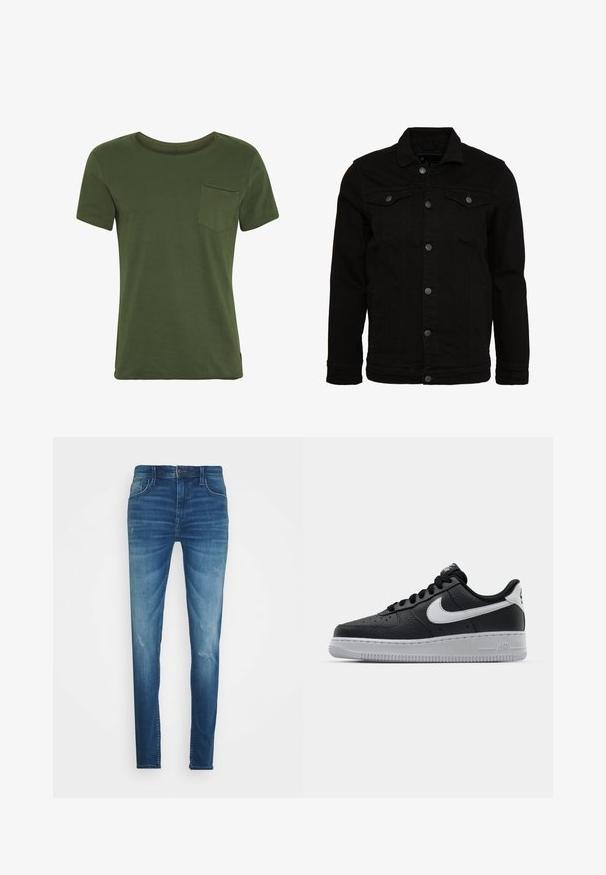 Veste en denim noir au design classique, dotée de fermetures à boutons, de deux poches poitrine et d'une surface légèrement texturée.; T-shirt vert olive à manches courtes avec col rond, petite poche poitrine côté gauche et détails de couture simples.; Jean en denim bleu à coupe slim, avec des zones décolorées et un léger effet usé. Design classique à cinq poches et détails cousus sur la taille.; Baskets en cuir noir avec surface texturée, swoosh Nike blanc, semelle grise, bout rond et design à lacets. Comprend des perforations sur la boîte à orteils.