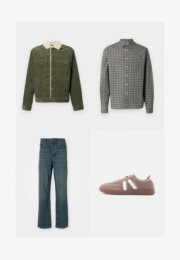 Groene corduroy jas met een romige fleece kraag, voorzien van twee borstzakken, drukknoopsluitingen en een gestructureerd oppervlak.; Geruit overhemd met knopen in grijs- en groentinten. Katoenen stof met een gestructureerde kraag, lange mouwen en een borstzak.; Blauwe denim jeans met een rechte pijp, voorzien van vijf zakken, een knoopsluiting en lichte vervaging aan de voorkant.; Informele bruine suède sneaker met witte strepen, vetersluiting, gestructureerde zool en "JACK & JONES" branding aan de zijkant.