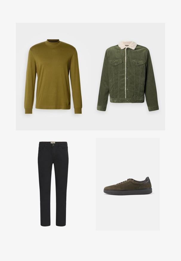 Chaqueta de pana verde con un cuello de forro polar color crema, que presenta dos bolsillos en el pecho, botones a presión y una superficie texturizada.; Camisa de cuello alto de manga larga en verde oliva, hecha de una tela suave, con un diseño ajustado y cuellos y puños acanalados.; Vaqueros de mezclilla negra con corte recto, diseño de cinco bolsillos y cierre frontal de botón. Textura suave con sutiles detalles de costura.; Zapatillas de ante verde oliva con detalles y cordones de cuero negro, que presentan una superficie texturizada y una gruesa suela de goma negra.