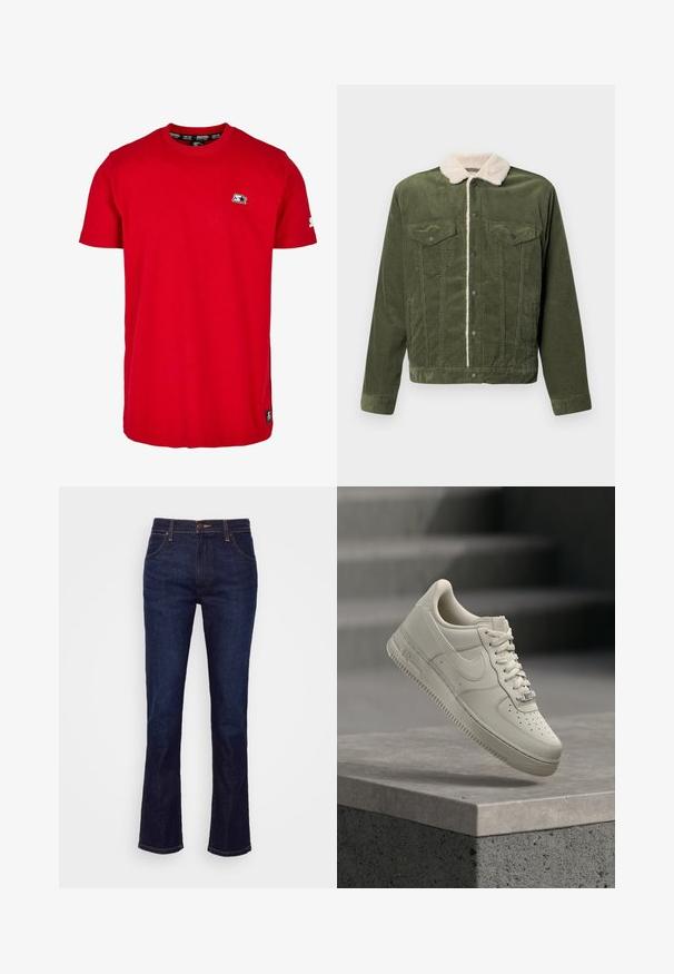 Veste en velours côtelé vert avec un col en polaire crème, dotée de deux poches poitrine, de boutons-pression et d'une surface texturée.; T-shirt en coton rouge avec un col rond, des manches courtes et un petit logo noir sur la poitrine gauche et la manche. Tissu uni et lisse.; Jeans évasés en denim bleu foncé à taille haute, cinq poches, fermeture à bouton en laiton et surpiqûres contrastantes. Texture lisse, design classique.; Une basket beige à lacets flotte au-dessus d'une surface en béton gris, le logo Nike visible, arrière-plan d'escalier flou.