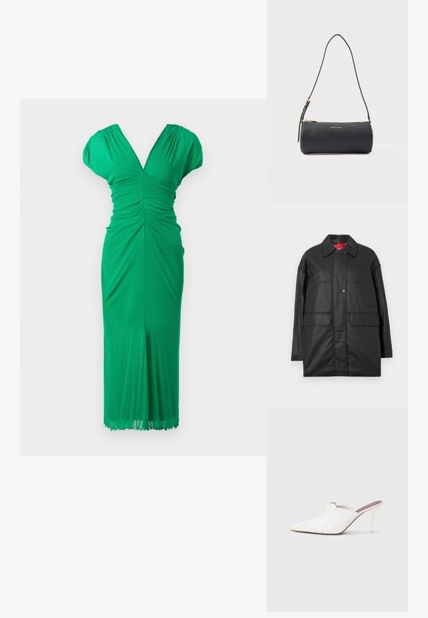 Zwarte, oversized jas gemaakt van glad materiaal. Voorzien van voorzakken en drukknopen. De binnenkant is rood gevoerd met een logolabel.; Groene knie-lange jurk van rekbare stof, met een V-hals, geraffineerde details, kapmouwen en een aansluitende pasvorm.; Witte mules met een puntige neus, geplooide textuur op het bovenwerk en een slanke naaldhak. Gladde oppervlakte en minimalistisch ontwerp.; Zwart cilindrische leren schoudertas met gouden rits en "Michael Kors"-logo aan de voorkant, verstelbare riem met gesp.