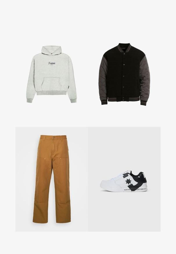 Zwarte varsityjas met een tekstueel wollen lijf en doorgestikte grijze mouwen. Voorzien van een geribbelde kraag, manchetten en tailleband met drukknoopsluiting.; PROHIBITED GARMENT - Hoodie - greymelange; Bruine katoenen utility broeken met een rechte pijpdesign, voorzien van voorzakken en metalen hardware accenten voor extra duurzaamheid.; Witte sneaker met zwarte accenten en sterlogo. Textuur bovenwerk, geperforeerde panelen, vetersluiting en zichtbare luchtunit in de zool.