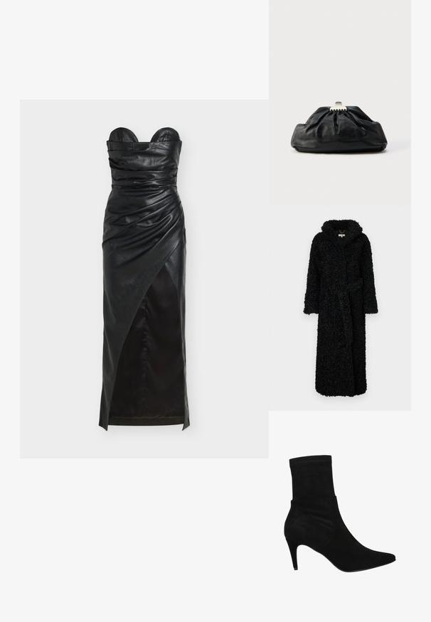 Zwarte kapmantel gemaakt van gestructureerde, fluffy stof. Beschikt over lange mouwen en een riem op de taille. Volledige lengte ontwerp voor warmte.; Zwarte leren strapless jurk met geplooide details, asymmetrische zoom en een gladde textuur. Kenmerkt zich door een gestructureerd lijfje en een elegante silhouet.; Wojas Lage laarzen - czarny; Zwarte leren clutch met een geplooide textuur, metalen sluiting en een subtiel geperst logo aan de voorkant. Afgeronde vorm.