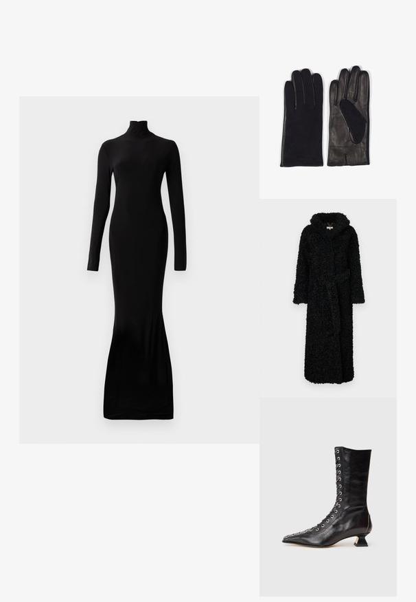 Sort hætteklædt kappe lavet af tekstureret, fluffy stof. Har lange ærmer og et bælte i taljen. Hel længde design for varme.; Sorte langærmet kjole med høj halsudskæring. Lavet af glat stof. Tætsiddende design, der sträcker sig til en flagrende kant nederst.; Sort læder ankelstøvle med spids tå, snøring foran, metaløjer, lav blokhæl og et strømlinet design. Glat tekstur, moderne silhuet.; Sorte læderhandsker med en glat overflade, en blød tekstil underside og en tætsiddende pasform. Bemærkelsesværdige for det kontrasterende materiale på håndfladen.