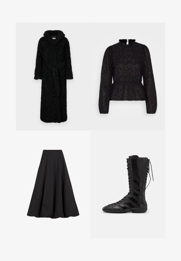 Musthave musta kapuutsiga rüü, mis on valmistatud tekstuurilisest ja pehmest kangast. Omab pikki varrukaid ja vööd talje juures. Täispikk disain sooja hoidmiseks.; Pieces PCJANESSA - Pikkade varrukatega topp - black; Must pikk must seelik, mis on valmistatud siledast kangast, millel on voldid ja kõrge vöökoht. Disain pakub voolavat siluetti ja rohkelt mahtu.; Mustad musta kõrgema varrega saapad, mis on valmistatud läikivast sünteetilisest materjalist, omavad keerukat nöörimise disaini ja diagonaalseid triibu aktsente külgedel.