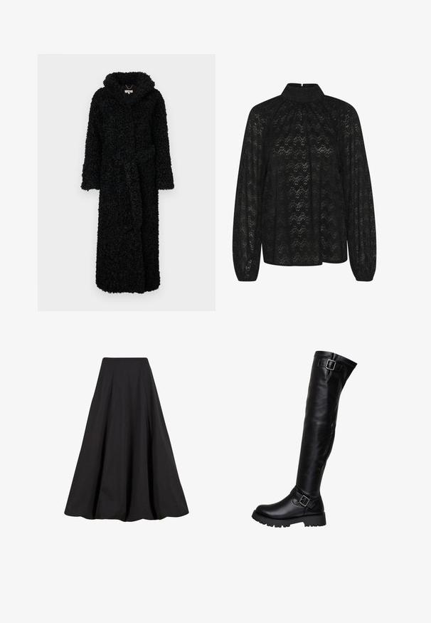Zwarte kapmantel gemaakt van gestructureerde, fluffy stof. Beschikt over lange mouwen en een riem op de taille. Volledige lengte ontwerp voor warmte.; Zwarte kanten blouse met een hoge kraag, lange mouwen en een getextureerd zigzagpatroon. De stof heeft een doorschijnende kwaliteit en is soepel.; Zwarte maxi-rok van gladde stof, met plooien en een hoge taille. Het ontwerp biedt een vloeiende silhoeet en voldoende volume.; Zwarte leren laars tot de knie met een chunky zool en twee verstelbare zilveren gespen, één nabij de enkel en één aan de bovenkant van de schacht.