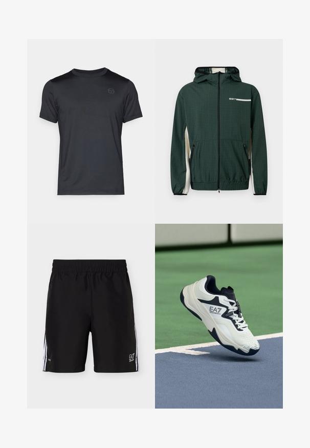 Mørkegrøn hættejakke i vindtæt materiale med lyst ternet mønster, forlynlås, lynlåslommer, elastisk kant forneden og ved ærmerne samt hvide sidepaneler.; Sort kortærmet t-shirt lavet af glat stof med rund hals og diskret logo på brystet. Casual pasform uden synlige mønstre.; Sorte atletikshorts med elastisk talje, hvide lodrette striber på siderne og lille EA7 Emporio Armani-logo på højre ben nederst.; Hvid og marineblå sportssko med struktureret overdel, polstret krave og mønstret sål, med EA7-logo på siden.